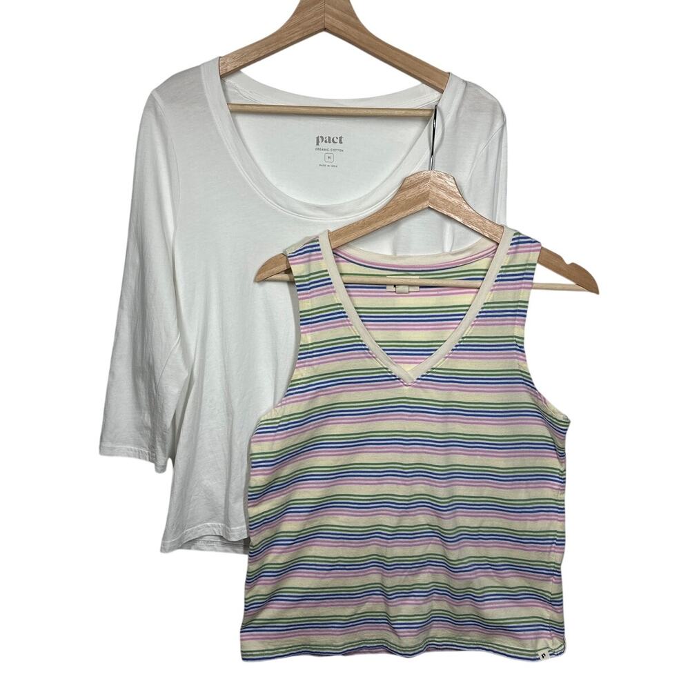 Pact Organic Cotton Tops Lot 2 Scoop Neck 3/4 Sleeve White  + Striped Tank M